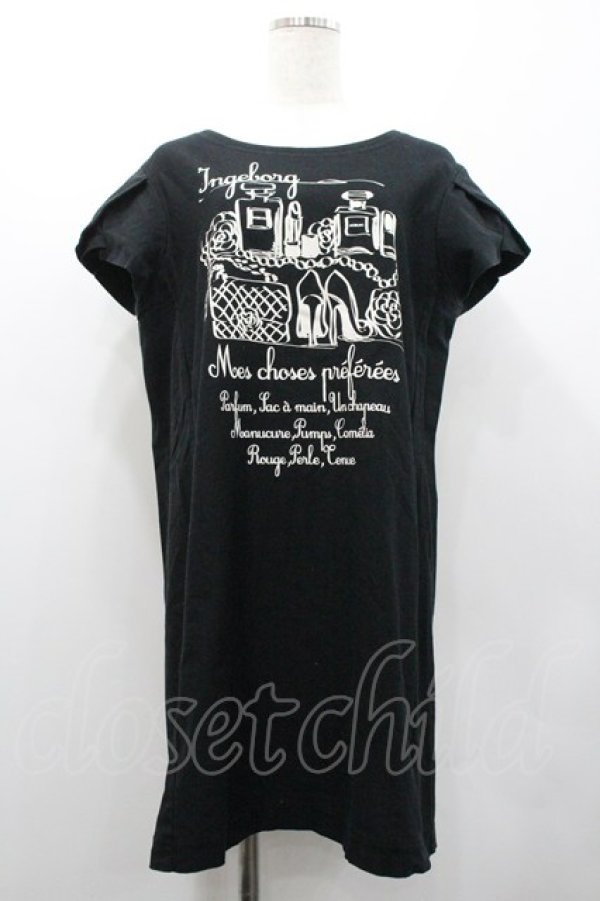 画像1: INGEBORG / 香水瓶プリント半袖チュニック 4(11号) 黒Ｘ白 I-26-02-01-071-LO-OP-SA-ZI (1)