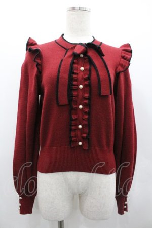 画像: Honey Cinnamon / 肩フリル配色リボンニット  ボルドーX黒 I-26-02-01-079-LO-TO-SA-ZI