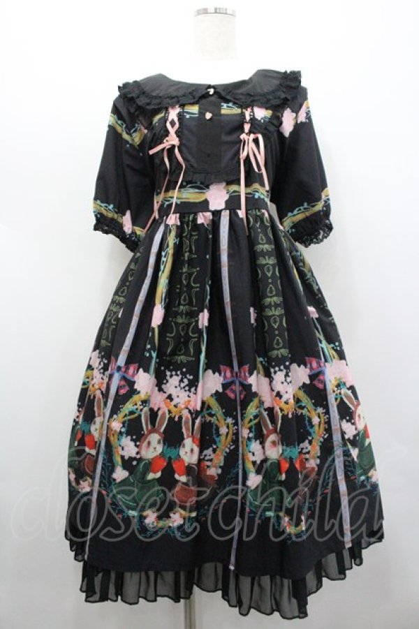 画像1: Toberun sky / うさぎさんプリント半袖ワンピース  黒Ｘピンク I-26-02-01-029-LO-OP-SA-ZI (1)