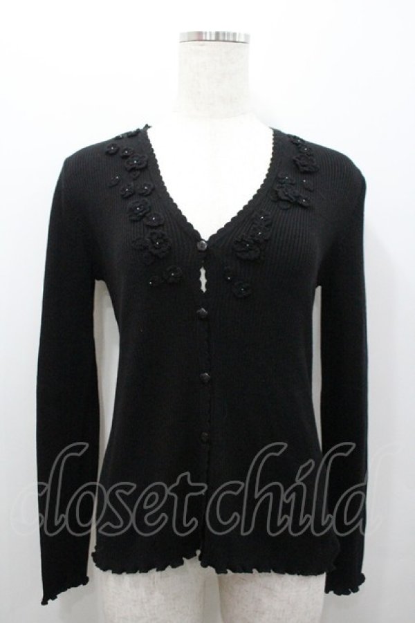 画像1: PINK HOUSE / モチーフ付きリブVネックカーディガン L ブラック I-26-02-06-031-LO-TO-SA-ZI (1)