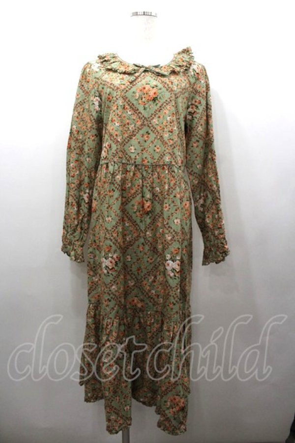 画像1: PINK HOUSE / 薔薇格子プリントミディワンピース  グリーン I-26-02-06-075-LO-OP-HR-ZI (1)