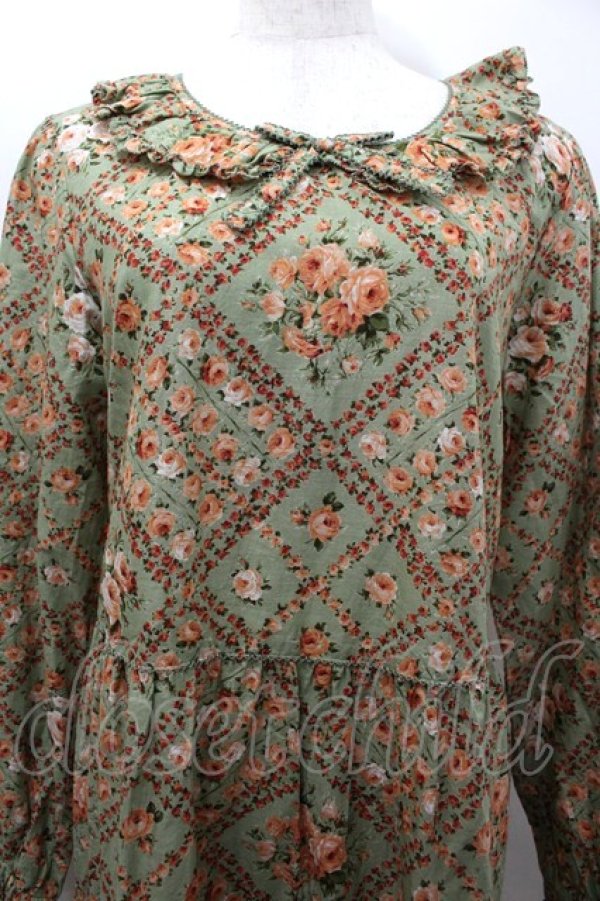 画像2: PINK HOUSE / 薔薇格子プリントミディワンピース  グリーン I-26-02-06-075-LO-OP-HR-ZI (2)