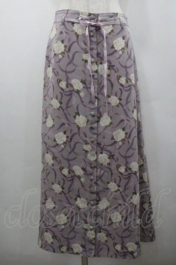 画像1: INGEBORG / 薔薇&ドットリボン柄前開きスカート L ラベンダー I-26-02-06-088-LO-SK-SA-ZI (1)