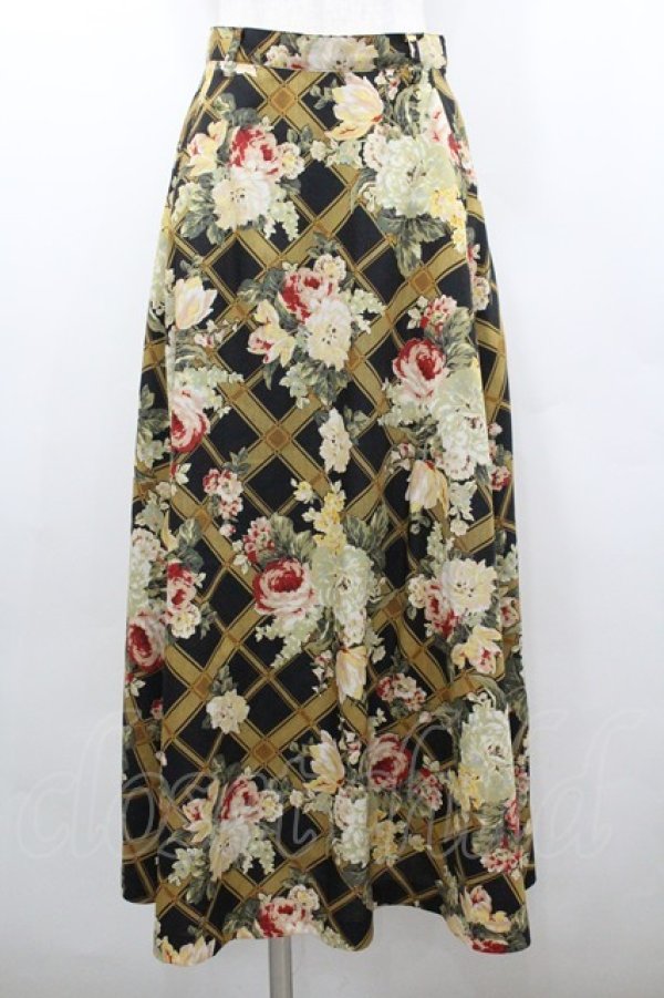 画像1: INGEBORG / ローズフラワーブーケチェックスカート  ブラック×イエロー I-26-02-06-096-LO-SK-SA-ZI (1)