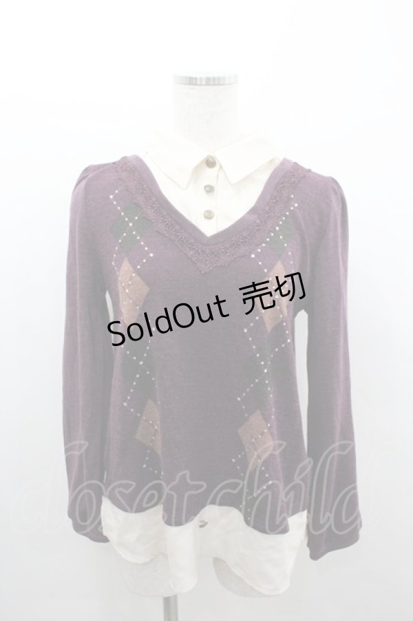 画像1: axes femme / アーガイルニット重ね風シャツトップス  パープルＸアイボリー I-26-02-08-047-AX-TO-SA-ZI (1)