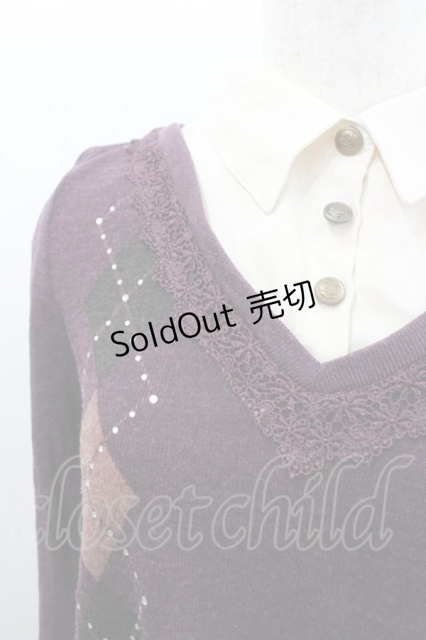 画像2: axes femme / アーガイルニット重ね風シャツトップス  パープルＸアイボリー I-26-02-08-047-AX-TO-SA-ZI (2)