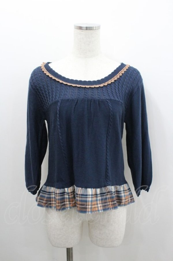 画像1: axes femme / 裾チェックフリルニットトップス  ネイビーＸブラウン I-26-02-08-050-AX-TO-SA-ZI (1)