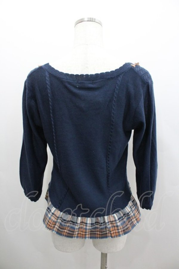画像3: axes femme / 裾チェックフリルニットトップス  ネイビーＸブラウン I-26-02-08-050-AX-TO-SA-ZI (3)