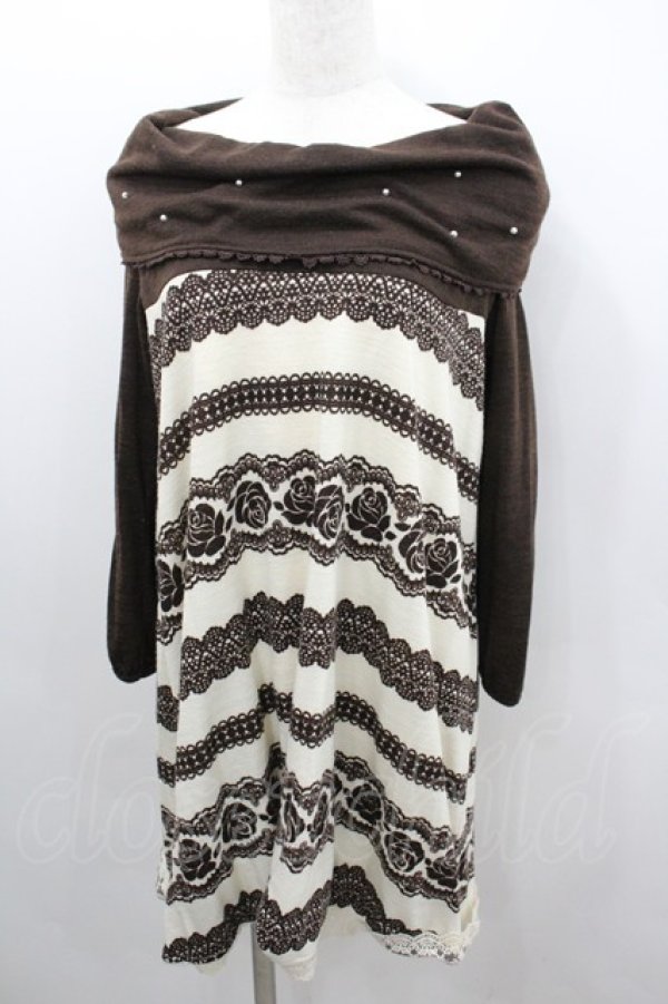 画像1: axes femme / 薔薇レースボーダーオフショルニットワンピース  ブラウンＸアイボリー I-26-02-08-062-AX-OP-SA-ZI (1)