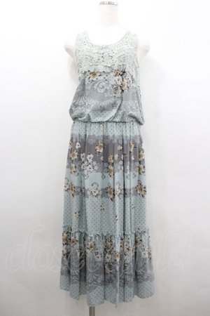 画像: axes femme / フラワー&レースドットプリントノースリーブワンピース  ミントＸグレー I-26-02-08-065-AX-OP-SA-ZI