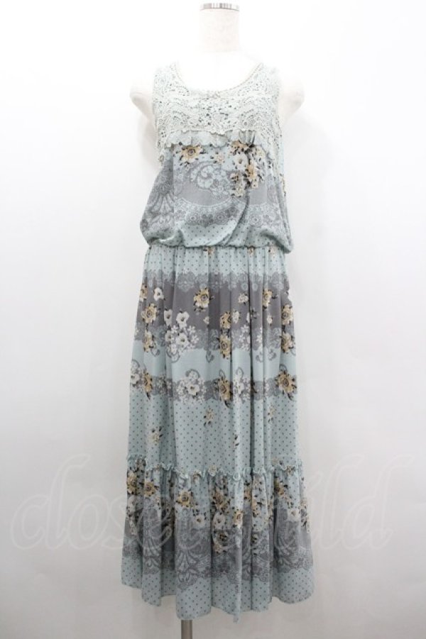 画像1: axes femme / フラワー&レースドットプリントノースリーブワンピース  ミントＸグレー I-26-02-08-065-AX-OP-SA-ZI (1)