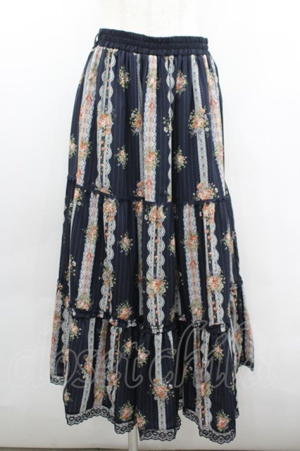 画像1: axes femme / ストライプ花柄ロングスカート  黒 I-26-02-08-109-AX-SK-SA-ZI (1)