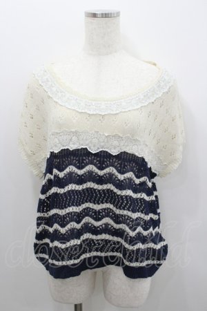 画像: axes femme / かぎ編みニットトップス  オフｘネイビー I-26-02-08-015-AX-TO-HR-ZI