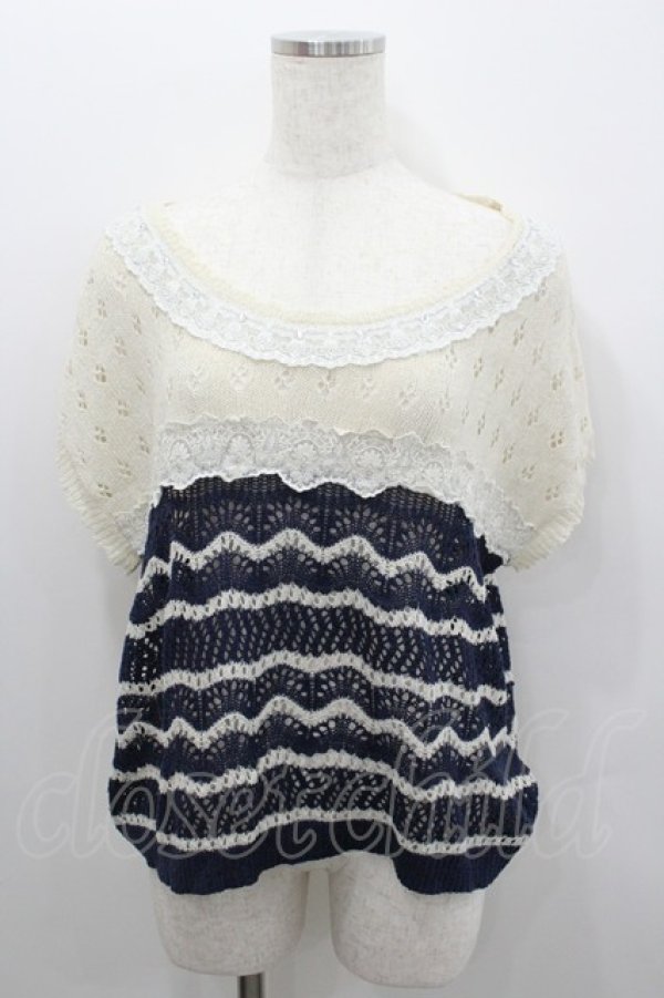 画像1: axes femme / かぎ編みニットトップス  オフｘネイビー I-26-02-08-015-AX-TO-HR-ZI (1)