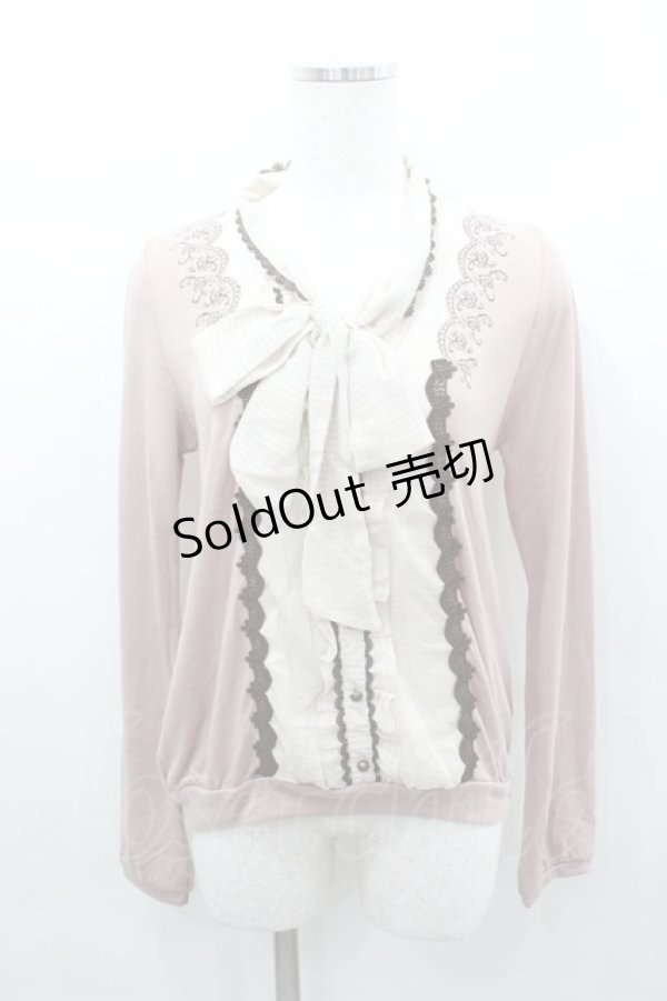 画像1: axes femme / ギンガムチェックリボンスカラップ刺繍カーデデザインカットソー  ピンクＸブラウン I-26-02-11-047-AX-TO-SA-ZI (1)