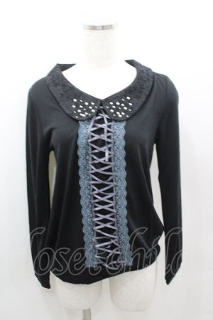 画像: axes femme / 編み上げリボンパール襟カットソー  黒Ｘ青 I-26-02-11-052-AX-TO-SA-ZI