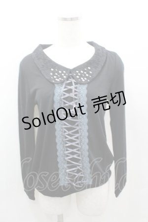 画像: axes femme / 編み上げリボンパール襟カットソー  黒Ｘ青 I-26-02-11-052-AX-TO-SA-ZI