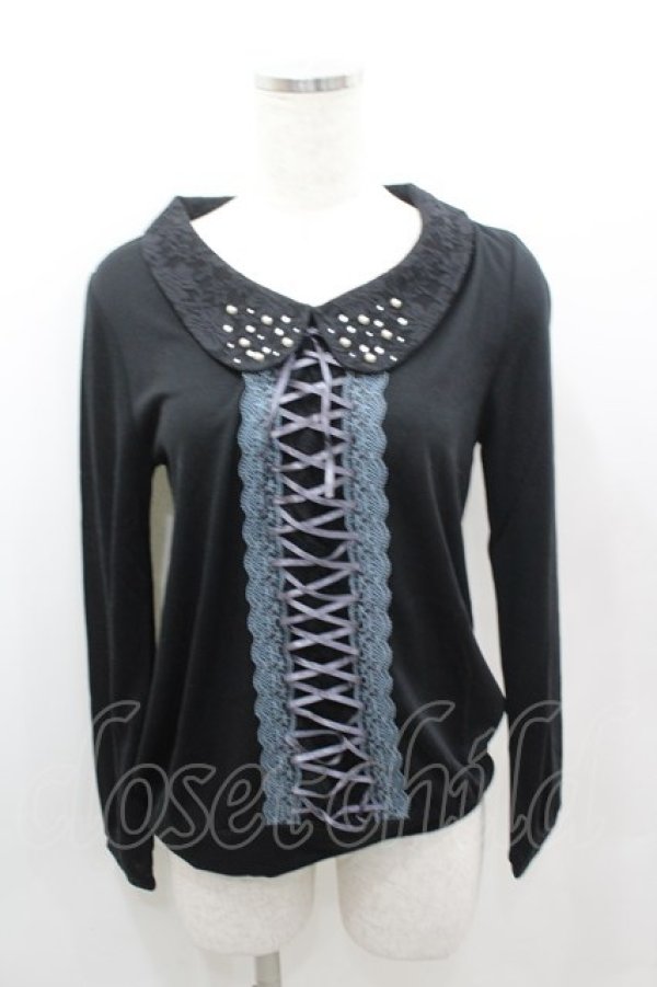 画像1: axes femme / 編み上げリボンパール襟カットソー  黒Ｘ青 I-26-02-11-052-AX-TO-SA-ZI (1)