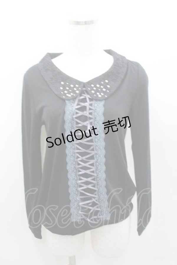 画像1: axes femme / 編み上げリボンパール襟カットソー  黒Ｘ青 I-26-02-11-052-AX-TO-SA-ZI (1)