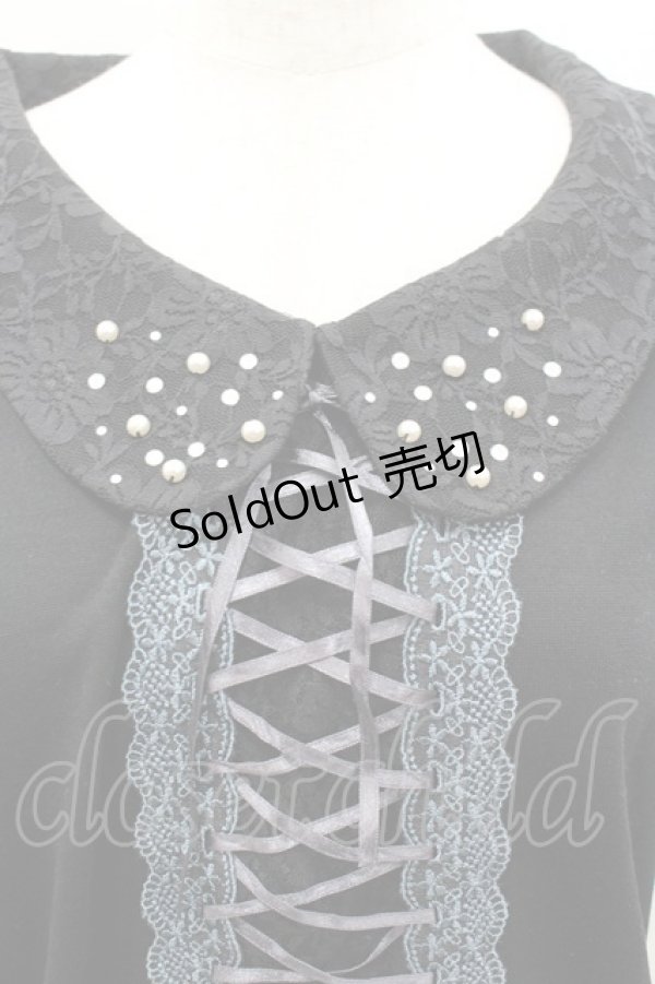 画像2: axes femme / 編み上げリボンパール襟カットソー  黒Ｘ青 I-26-02-11-052-AX-TO-SA-ZI (2)