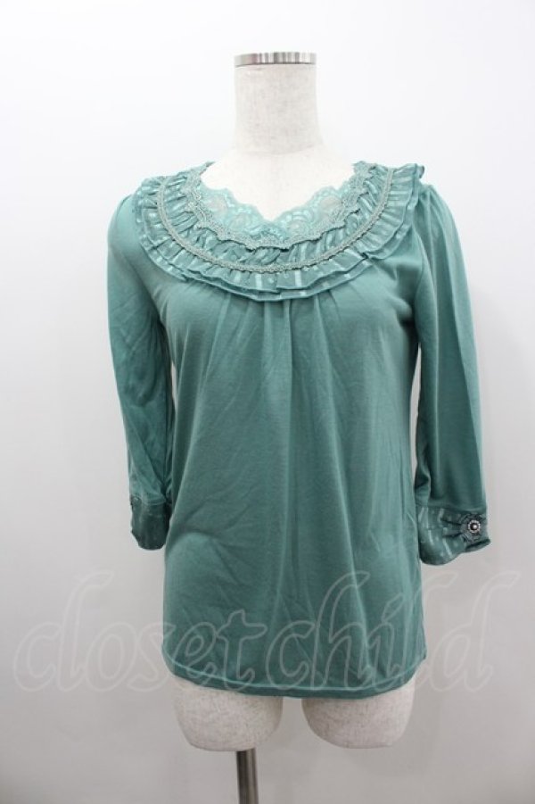 画像1: axes femme / ストライプ2段フリル半袖カットソー  グリーン I-26-02-11-062-AX-TO-SA-ZI (1)