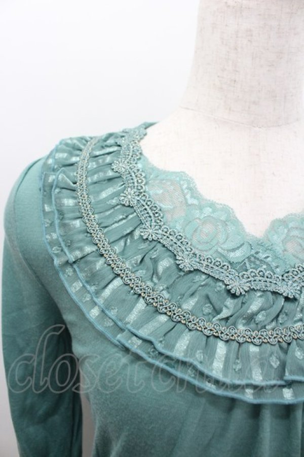 画像2: axes femme / ストライプ2段フリル半袖カットソー  グリーン I-26-02-11-062-AX-TO-SA-ZI (2)