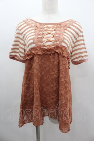 画像: axes femme / ボーダーレース切り替え半袖カットソー  オレンジＸ白 I-26-02-11-063-AX-TO-SA-ZI