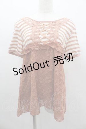 画像: axes femme / ボーダーレース切り替え半袖カットソー  オレンジＸ白 I-26-02-11-063-AX-TO-SA-ZI