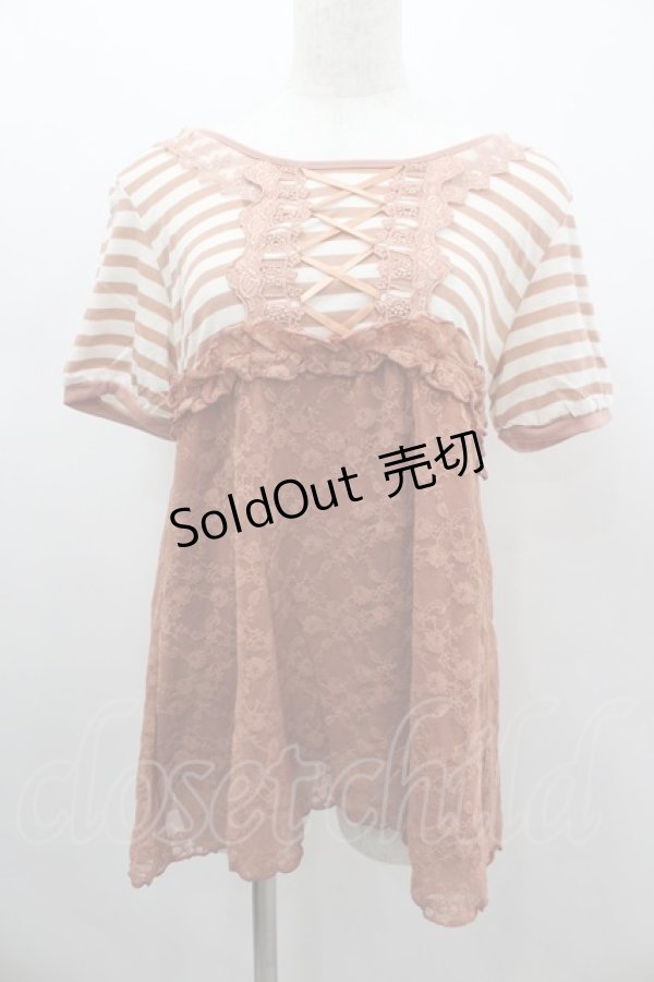 画像1: axes femme / ボーダーレース切り替え半袖カットソー  オレンジＸ白 I-26-02-11-063-AX-TO-SA-ZI (1)