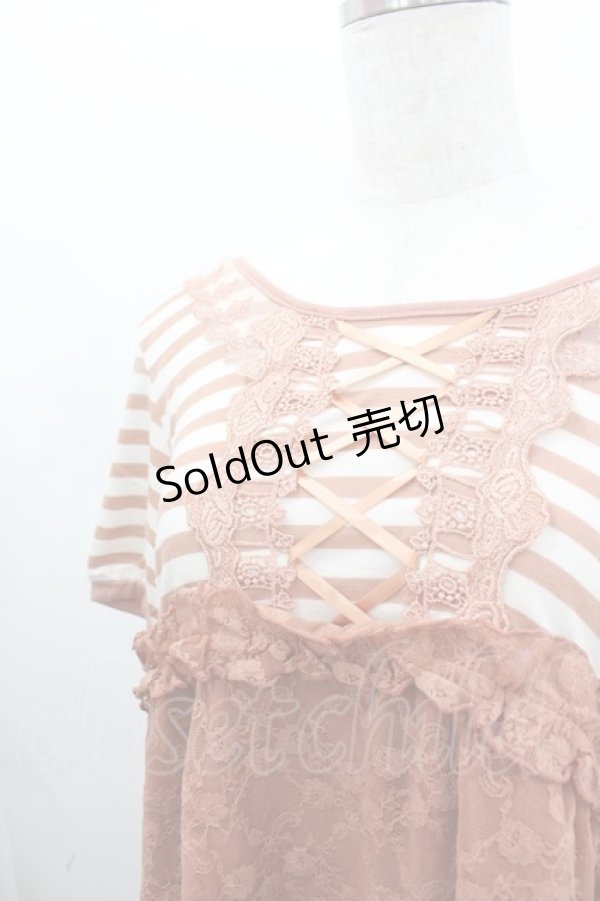 画像2: axes femme / ボーダーレース切り替え半袖カットソー  オレンジＸ白 I-26-02-11-063-AX-TO-SA-ZI (2)