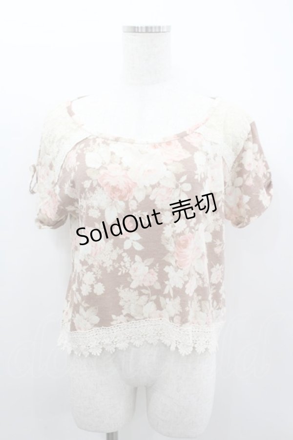 画像1: LIZ LISA / レース切り替えバラブーケプリントショートトップス  ブラウンＸピンクＸアイボリー I-26-02-11-067-LO-TO-SA-ZI (1)