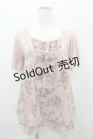 画像: axes femme / ローズブーケプリントシフォン切り替え半袖カットソー  ピンク I-26-02-11-009-AX-TO-SA-ZI