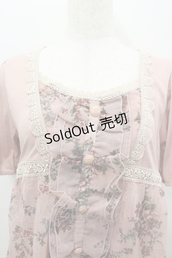 画像2: axes femme / ローズブーケプリントシフォン切り替え半袖カットソー  ピンク I-26-02-11-009-AX-TO-SA-ZI (2)