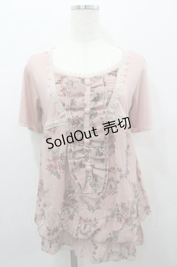 画像1: axes femme / ローズブーケプリントシフォン切り替え半袖カットソー  ピンク I-26-02-11-010-AX-TO-SA-ZI (1)