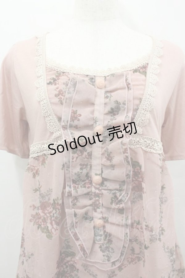 画像2: axes femme / ローズブーケプリントシフォン切り替え半袖カットソー  ピンク I-26-02-11-010-AX-TO-SA-ZI (2)