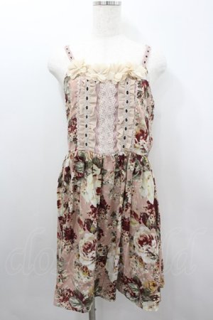 画像: axes femme / 薔薇プリント&胸元フラワーモチーフジャンパースカート  ピンク I-26-02-11-102-AX-OP-SA-ZI