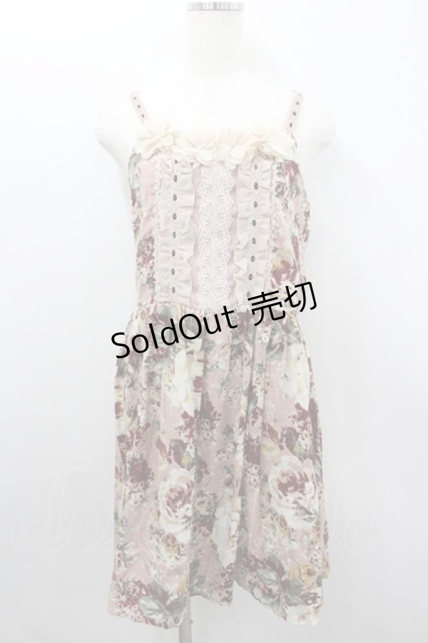 画像1: axes femme / 薔薇プリント&胸元フラワーモチーフジャンパースカート  ピンク I-26-02-11-102-AX-OP-SA-ZI (1)