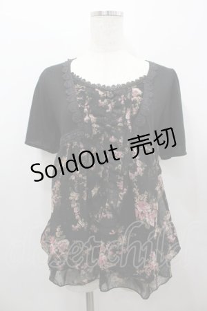 画像: axes femme / ローズブーケプリントシフォン切り替え半袖カットソー  黒 I-26-02-11-011-AX-TO-SA-ZI