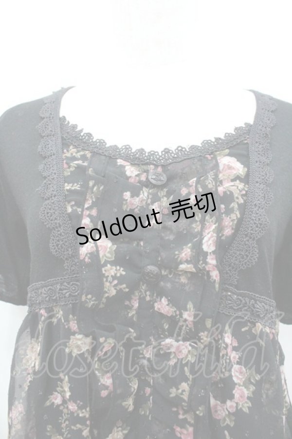 画像2: axes femme / ローズブーケプリントシフォン切り替え半袖カットソー  黒 I-26-02-11-011-AX-TO-SA-ZI (2)