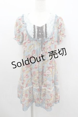 画像: axes femme / 水彩画薔薇ブーケ半袖ワンピース  サックス I-26-02-11-121-AX-OP-SA-ZI