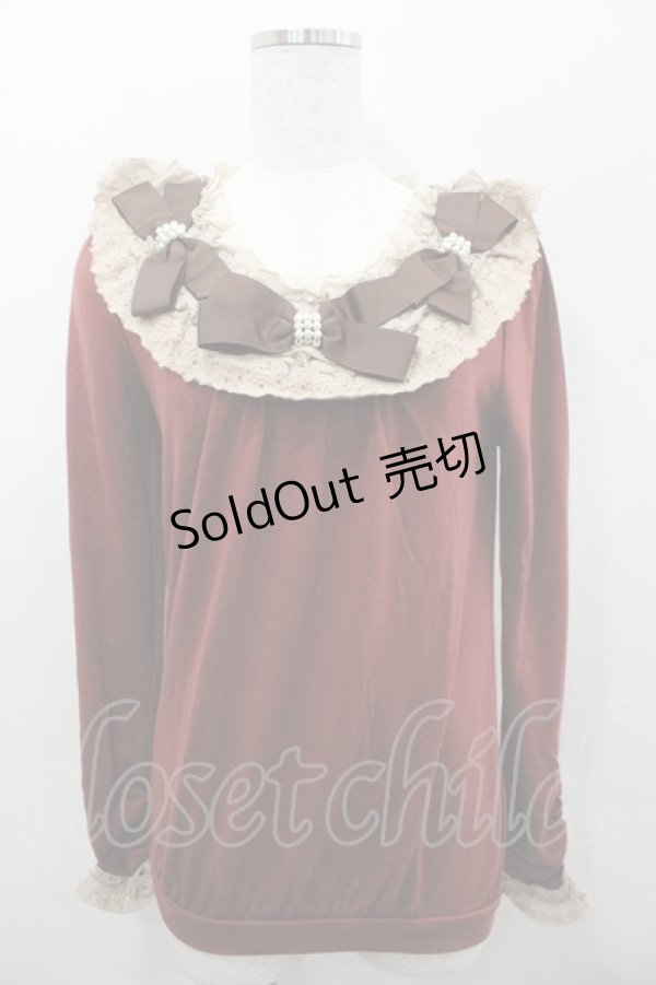 画像1: axes femme / 3つパールリボンレース襟長袖カットソー  ボルドーＸブラウン I-26-02-11-022-AX-TO-SA-ZI (1)