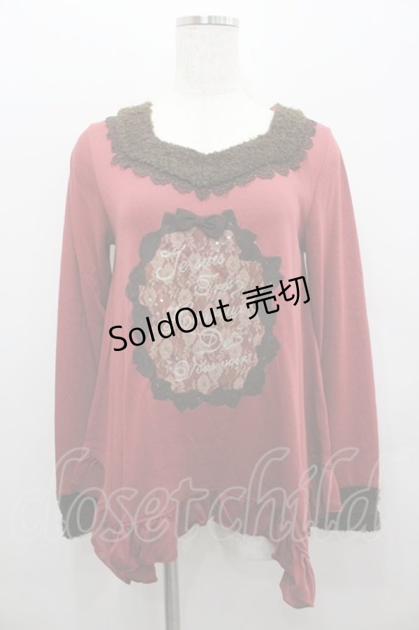 画像1: axes femme / リボンレース襟ボアカットソー  ボルドーＸブラウン I-26-02-11-023-AX-TO-SA-ZI (1)