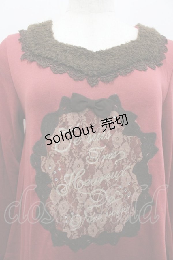 画像2: axes femme / リボンレース襟ボアカットソー  ボルドーＸブラウン I-26-02-11-023-AX-TO-SA-ZI (2)