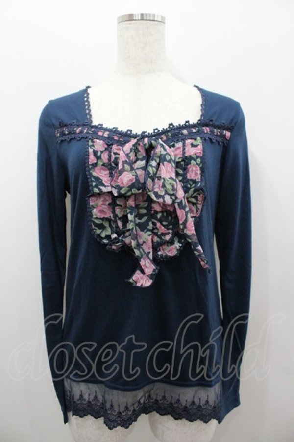 画像1: axes femme / 薔薇シフォンリボンカットソー  青Ｘピンク I-26-02-11-032-AX-TO-SA-ZI (1)