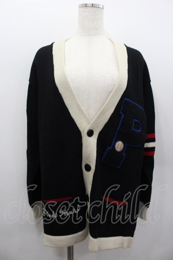 画像1: PINK HOUSE / 野球ワッペンVネックカーディガン  ブラック I-26-02-13-052-LO-TO-SA-ZI (1)