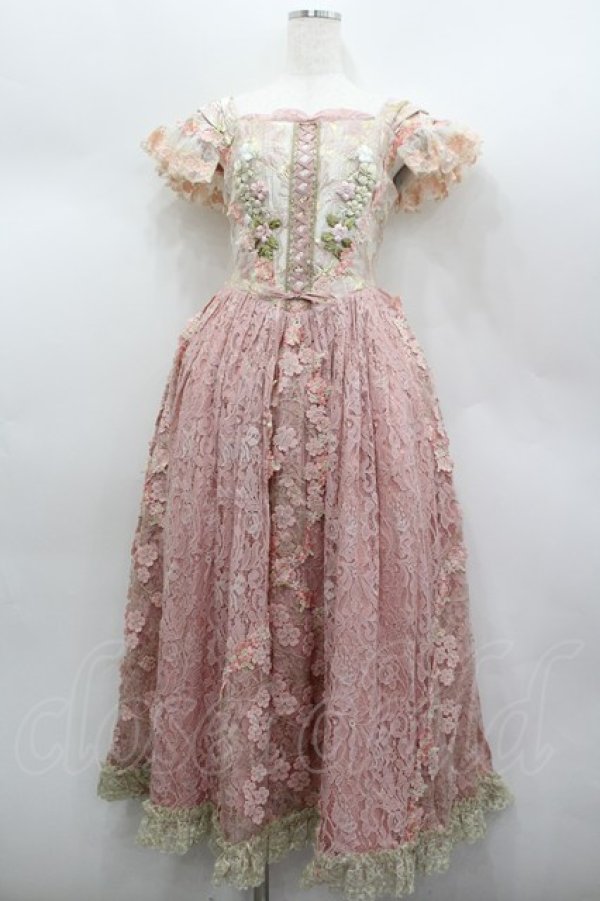 画像1: WUMENPSMFL / フラワー刺繍レース切替ビスチェジャンパースカート  ピンク I-26-02-13-093-LO-OP-SA-ZI (1)