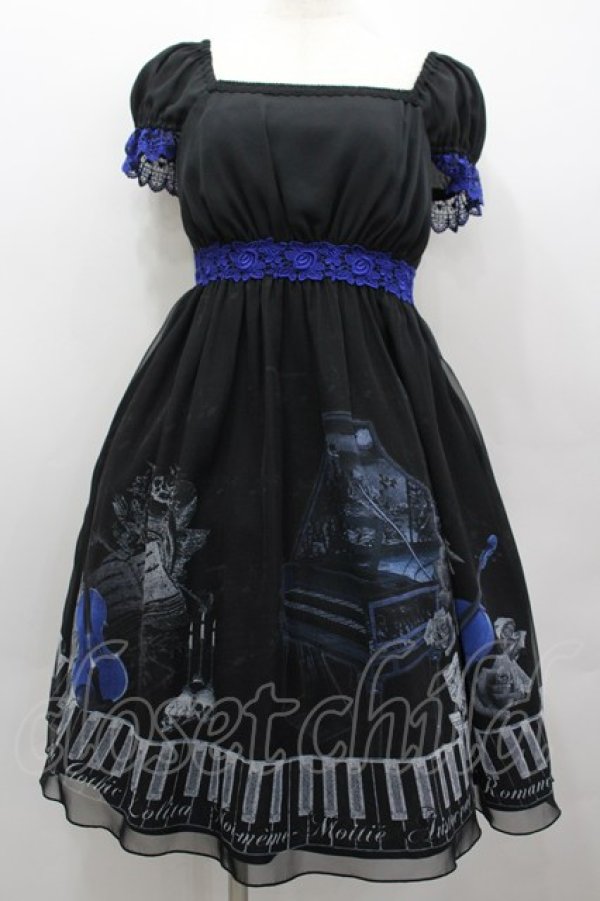 画像1: Moi-meme-Moitie / チェンバロ三重奏プリントシフォン半袖ワンピース 2 黒×青 I-26-02-13-102-MO-OP-TE-ZI (1)