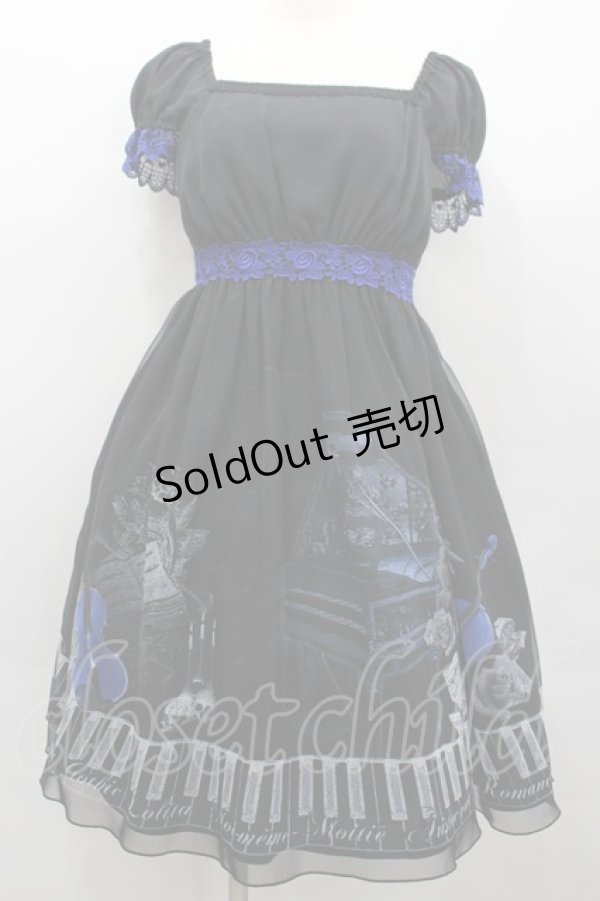 画像1: Moi-meme-Moitie / チェンバロ三重奏プリントシフォン半袖ワンピース 2 黒×青 I-26-02-13-102-MO-OP-TE-ZI (1)