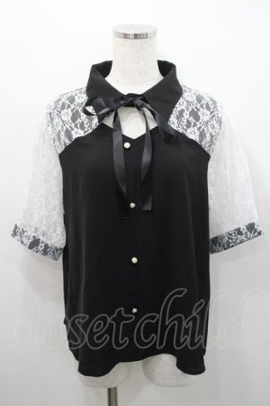 画像: Audrey / レース切り替え半袖ブラウス  黒ｘ白 I-26-02-15-048-LO-BL-SA-ZI