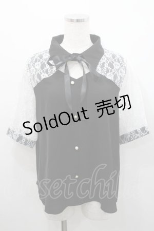 画像: Audrey / レース切り替え半袖ブラウス  黒ｘ白 I-26-02-15-048-LO-BL-SA-ZI